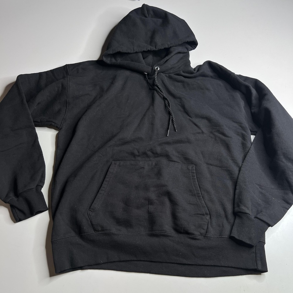 90s Hanes Hoodie Mens Medium Black Fleece Pullover Kangaroo Pocket Sweatshirt
